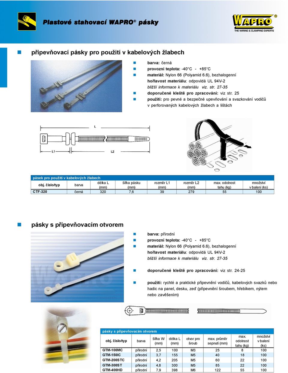 použití: pro pevné a bezpečné upevňování a svazkování vodičů v perforovaných kabelových žlabech a lištách pásek pro použití v kabelových CTF-32 žlabech délka L šířka pásku rozměr L1 rozměr L2 max.