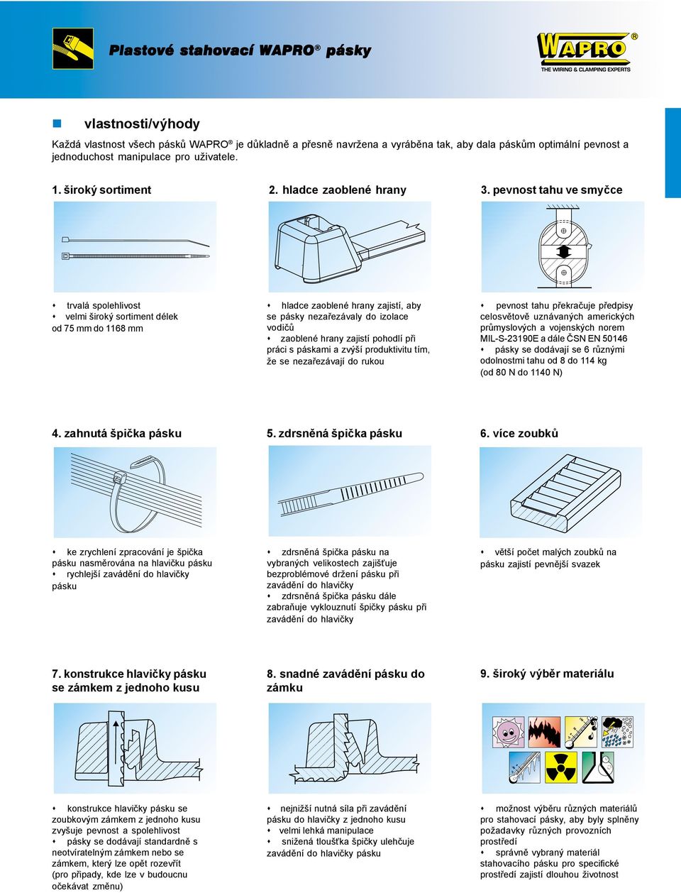 pevnost tahu ve smyčce trvalá spolehlivost velmi široký sortiment délek od 7 mm do 118 mm hladce zaoblené hrany zajistí, aby se pásky nezařezávaly do izolace vodičů zaoblené hrany zajistí pohodlí při
