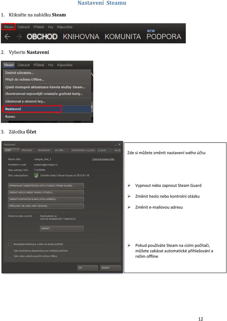 Steam Guard Změnit heslo nebo kontrolní otázku Změnit e-mailovou adresu Pokud