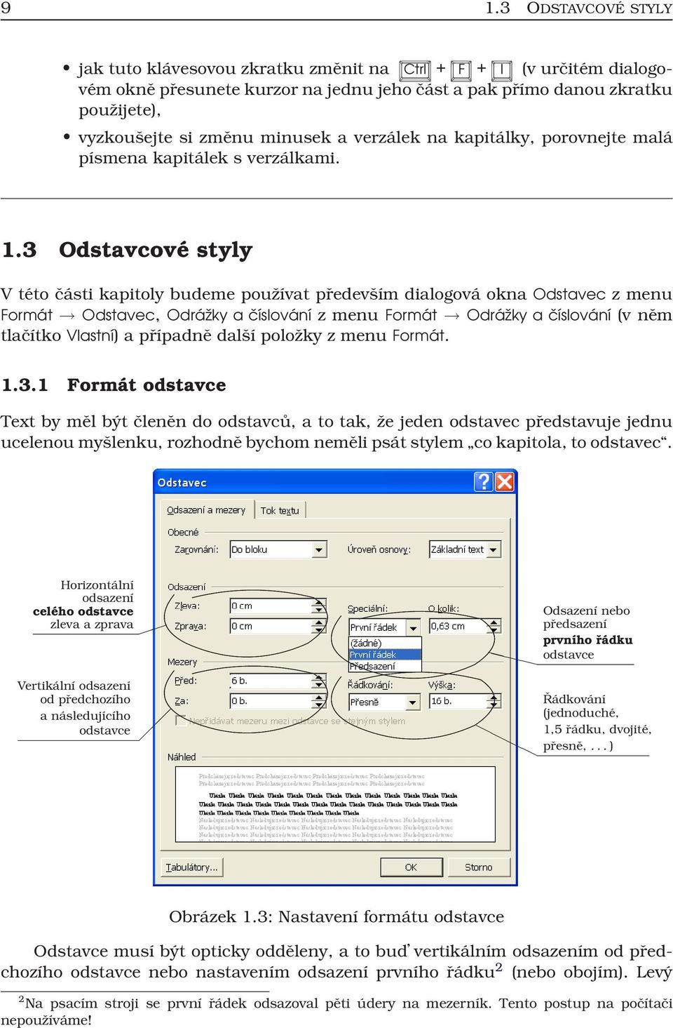 3 Odstavcové styly V této části kapitoly budeme používat především dialogová okna Odstavec z menu Formát Odstavec, Odrážky a číslování z menu Formát Odrážky a číslování (v něm tlačítko Vlastní) a