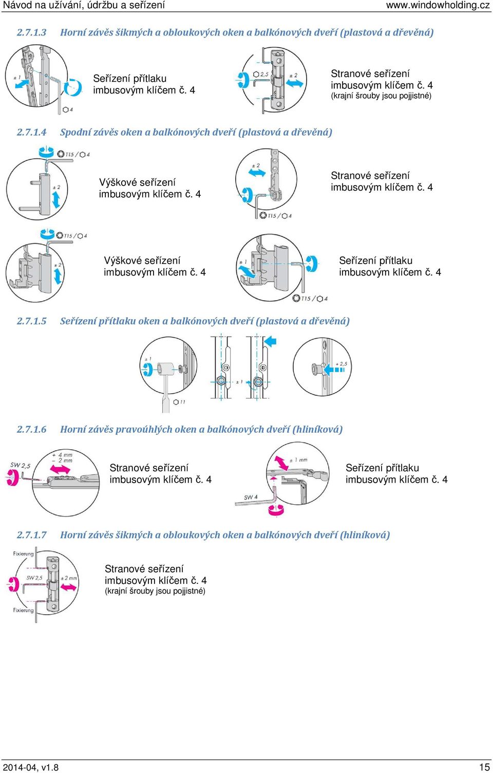 4 Výškové seřízení imbusovým klíčem č. 4 Seřízení přítlaku imbusovým klíčem č. 4 2.7.1.5 Seřízení přítlaku oken a balkónových dveří (plastová a dřevěná) 2.7.1.6 Horní závěs pravoúhlých oken a balkónových dveří (hliníková) Stranové seřízení imbusovým klíčem č.