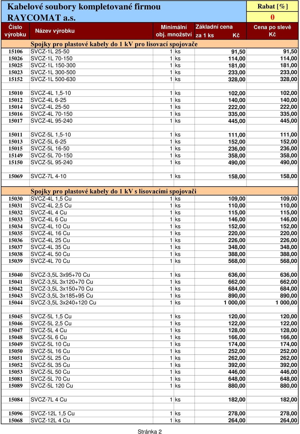 150-300 1 ks 181,00 181,00 15023 SVCZ-1L 300-500 1 ks 233,00 233,00 15152 SVCZ-1L 500-630 1 ks 328,00 328,00 15010 SVCZ-4L 1,5-10 1 ks 102,00 102,00 15012 SVCZ-4L 6-25 1 ks 140 140 15014 SVCZ-4L