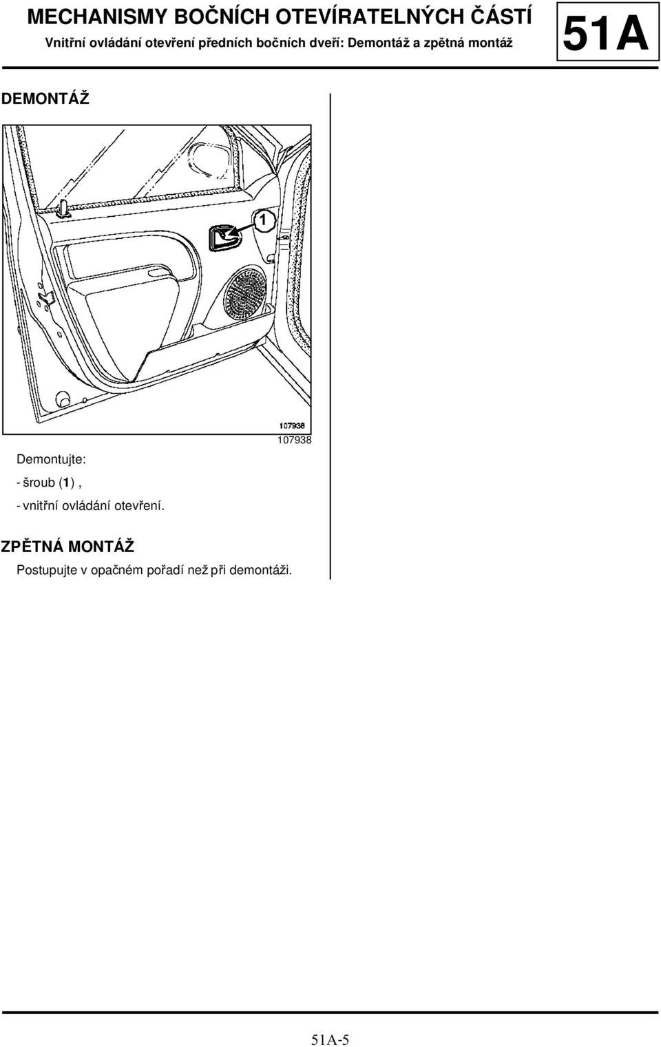 51A 1 Demontujte: - šroub (1), - vnitřní ovládání otevření.