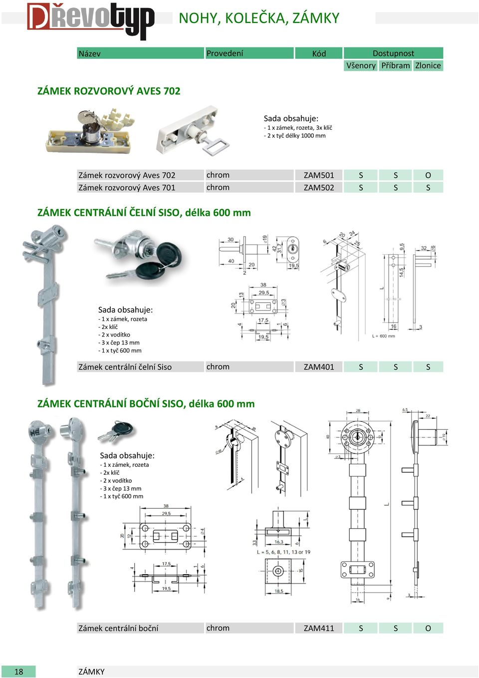 rozeta - 2x klíč - 2 x vodítko - 3 x čep 13 mm - 1 x tyč 600 mm Zámek centrální čelní iso chrom ZAM401 ZÁMEK CENTRÁLNÍ BČNÍ I, délka