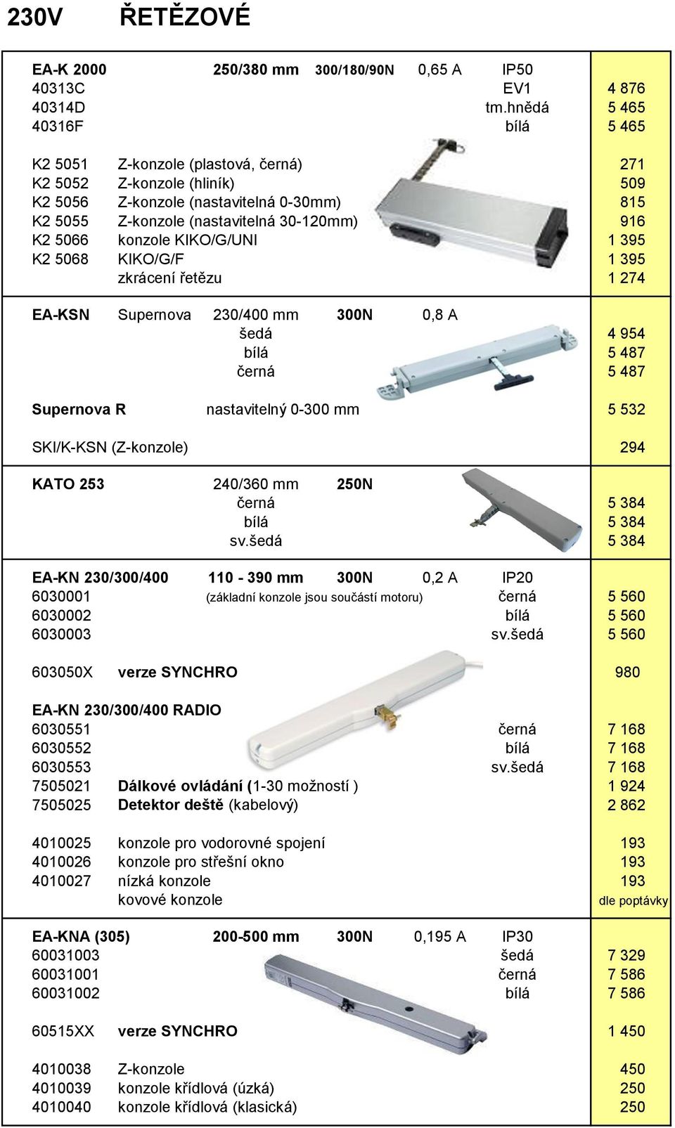 konzole KIKO/G/UNI 1 395 K2 5068 KIKO/G/F 1 395 zkrácení řetězu 1 274 EA-KSN Supernova 230/400 mm 300N 0,8 A šedá 4 954 bílá 5 487 černá 5 487 Supernova R nastavitelný 0-300 mm 5 532 SKI/K-KSN