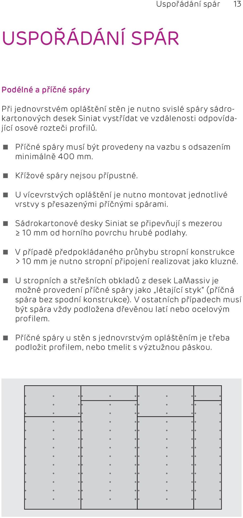 U vícevrstvých opláštění je nutno montovat jednotlivé vrstvy s přesazenými příčnými spárami. Sádrokartonové desky Siniat se připevňují s mezerou 10 mm od horního povrchu hrubé podlahy.