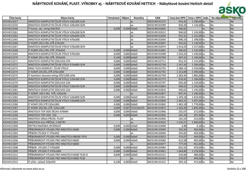 reling 420/450 0,000 0,000 0x0x0 4023149132605 946,62 ks Ne Ne KOVHE13261 INNOTECH KOMPLETNÍ ČELNÍ VÝSUV 420x500 SI/N xx 4023149132612 946,62 1145,00 ks Ne Ne KOVHE13263 INNOTECH KOMPLETNÍ ČELNÍ