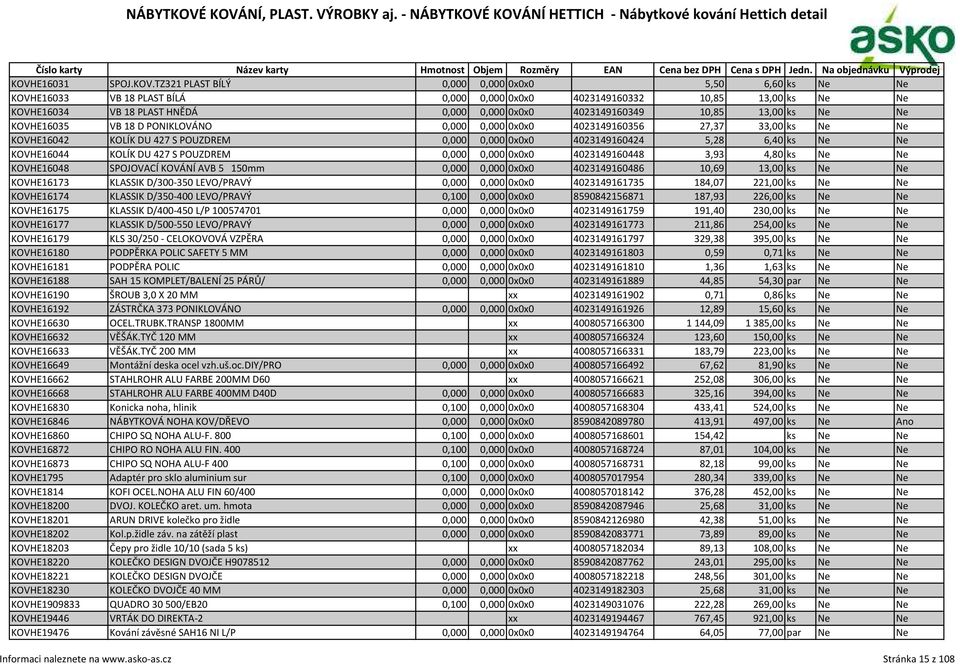 6,40 ks Ne Ne KOVHE16044 KOLÍK DU 427 S POUZDREM 0,000 0,000 0x0x0 4023149160448 3,93 4,80 ks Ne Ne KOVHE16048 SPOJOVACÍ KOVÁNÍ AVB 5 150mm 0,000 0,000 0x0x0 4023149160486 10,69 13,00 ks Ne Ne