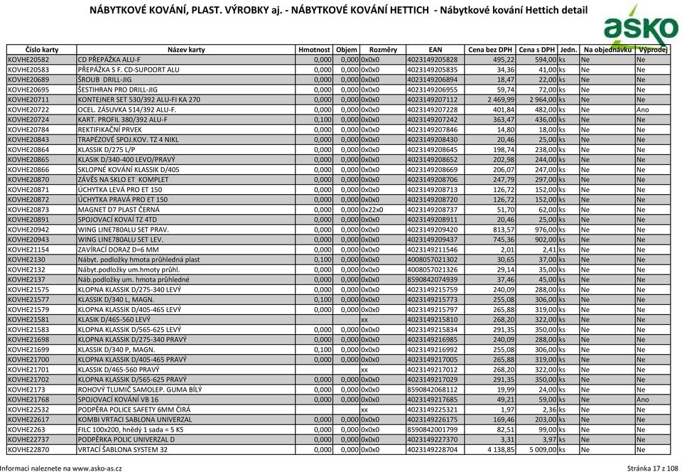 0x0x0 4023149206955 59,74 72,00 ks Ne Ne KOVHE20711 KONTEJNER SET 530/392 ALU-FI KA 270 0,000 0,000 0x0x0 4023149207112 2469,99 2964,00 ks Ne Ne KOVHE20722 OCEL. ZÁSUVKA 514/392 ALU-F.