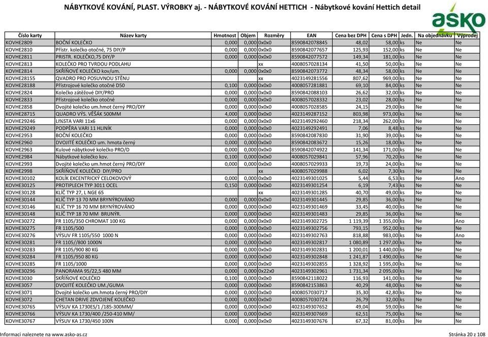 0,000 0,000 0x0x0 8590842073772 48,34 58,00 ks Ne Ne KOVHE28155 QVADRO PRO POSUVNOU STĚNU xx 4023149281556 807,62 969,00 ks Ne Ne KOVHE28188 Přístrojové kolečko otočné D50 0,100 0,000 0x0x0