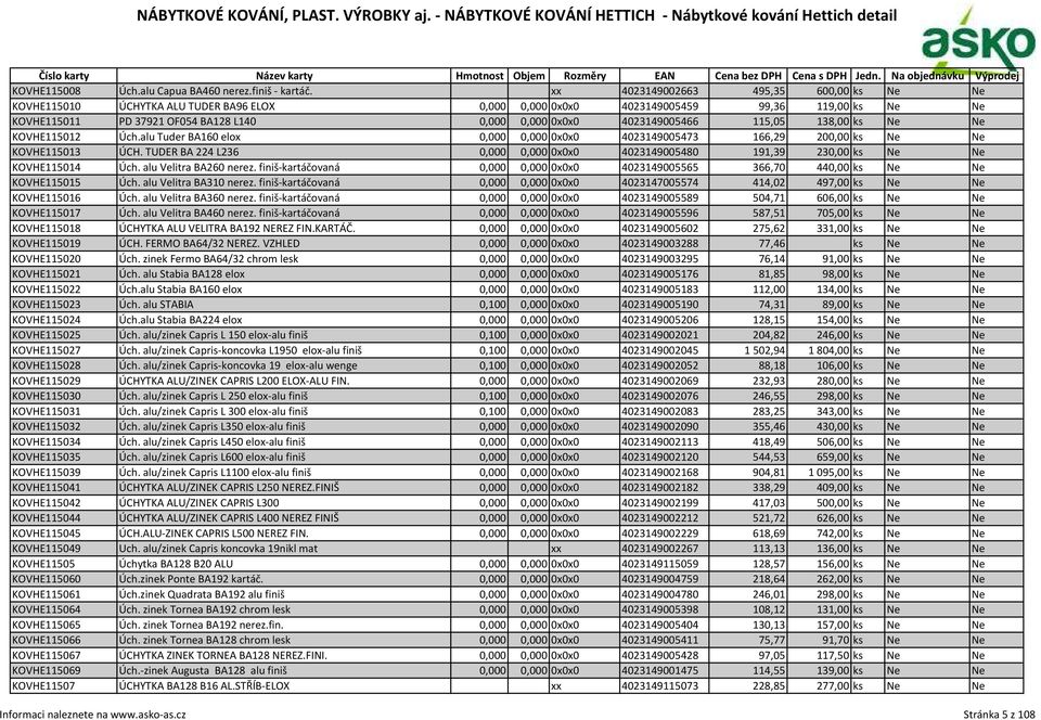 4023149005466 115,05 138,00 ks Ne Ne KOVHE115012 Úch.alu Tuder BA160 elox 0,000 0,000 0x0x0 4023149005473 166,29 200,00 ks Ne Ne KOVHE115013 ÚCH.