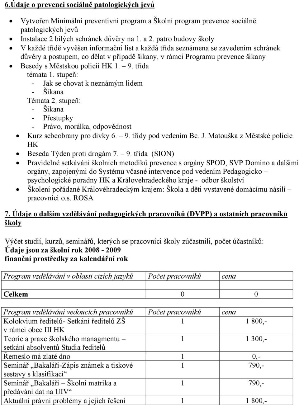 policií HK 1. 9. třída témata 1. stupeň: - Jak se chovat k neznámým lidem - Šikana Témata 2. stupeň: - Šikana - Přestupky - Právo, morálka, odpovědnost Kurz sebeobrany pro dívky 6. 9. třídy pod vedením Bc.