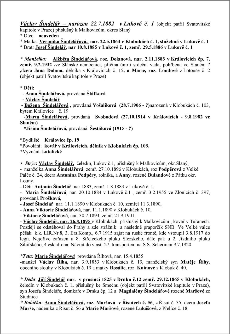 1883 v Královicích čp. 7, zemř. 9.2.1932,ve Slánské nemocnici, příčina úmrtí srdeční vada, pohřbena ve Slaném?,dcera Jana Dolana, dělníka v Královicích č. 15, a Marie, roz. Loudové z Lotouše č.