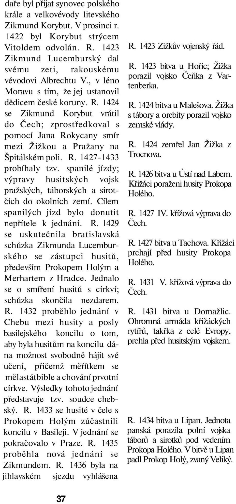 1424 se Zikmund Korybut vrátil do Čech; zprostředkoval s pomocí Jana Rokycany smír mezi Žižkou a Pražany na Špitálském poli. R. 1427-1433 probíhaly tzv.