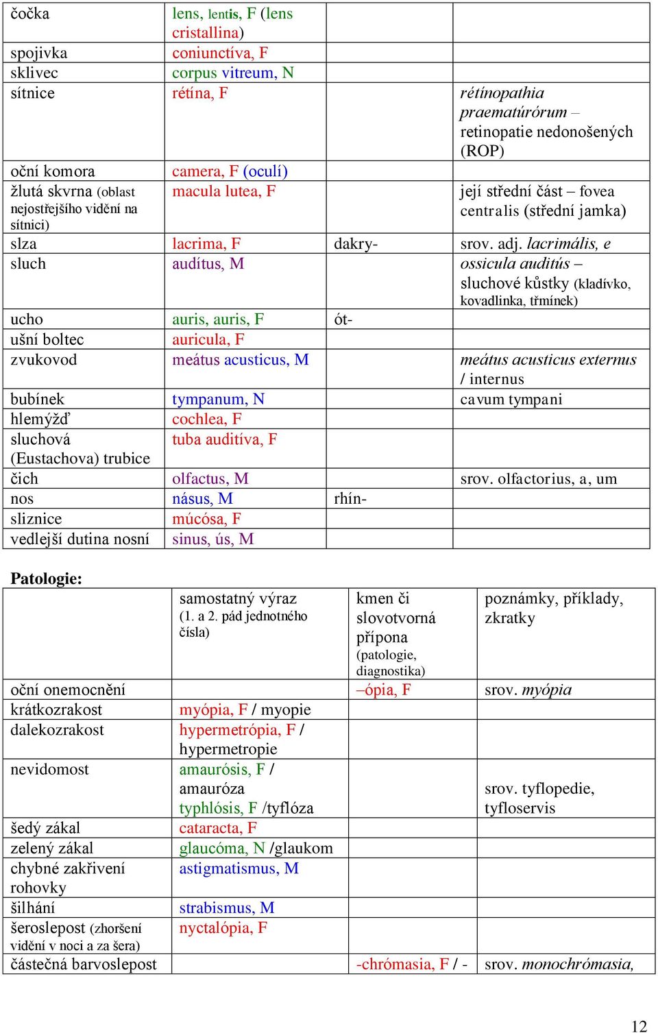 lacrimális, e sluch audítus, M ossicula auditús sluchové kůstky (kladívko, kovadlinka, třmínek) ucho auris, auris, F ótušní boltec auricula, F zvukovod meátus acusticus, M meátus acusticus externus /