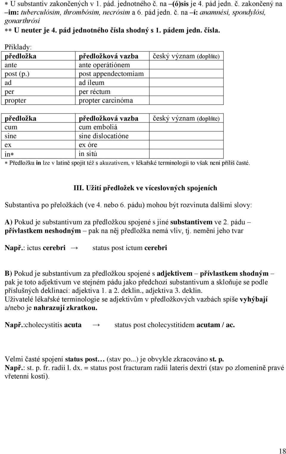 ) post appendectomiam ad ad íleum per per réctum propter propter carcinóma předložka předložková vazba český význam (doplňte) cum cum emboliá sine sine dislocatióne ex ex óre in in sitú Předložku in