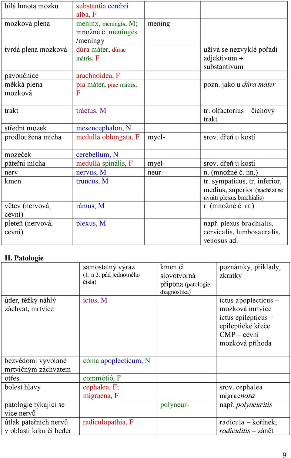 pozn. jako u dúra máter trakt tráctus, M tr. olfactorius čichový trakt střední mozek mesencephalon, N prodloužená mícha medulla oblongata, F myel- srov.