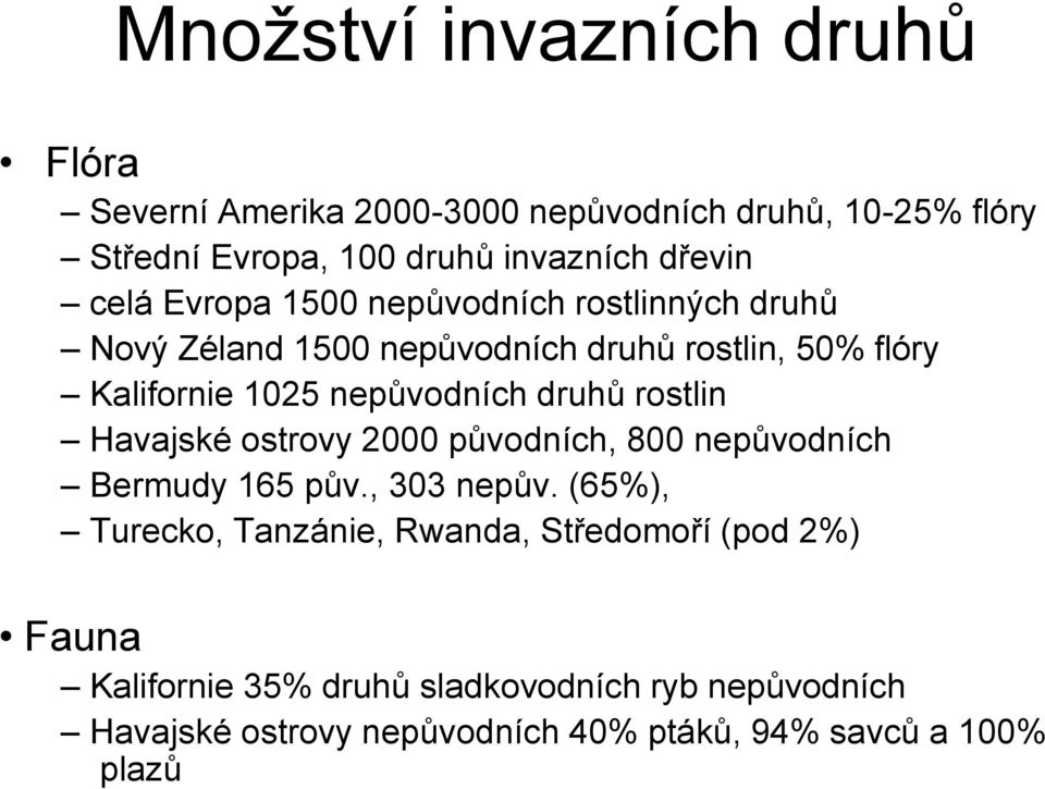 druhů rostlin Havajské ostrovy 2000 původních, 800 nepůvodních Bermudy 165 pův., 303 nepův.