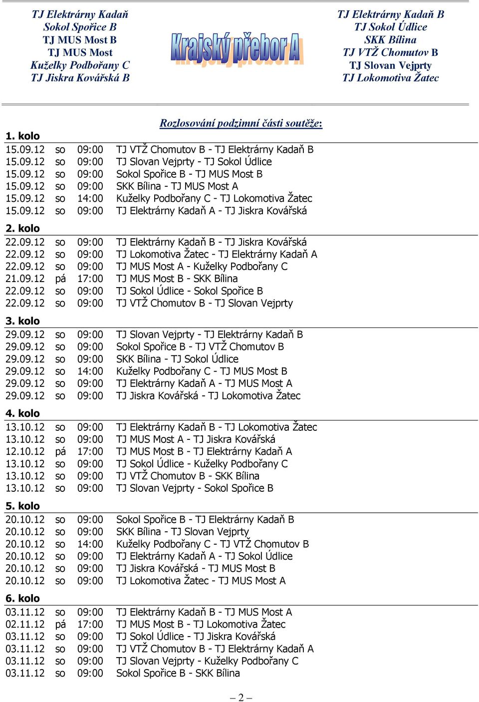 09.12 so 09:00 - TJ MUS Most A 15.09.12 so 14:00 Kuželky Podbořany C - TJ Lokomotiva Žatec 15.09.12 so 09:00 TJ Elektrárny Kadaň A - TJ Jiskra Kovářská 2. kolo 22.09.12 so 09:00 TJ Elektrárny Kadaň B - TJ Jiskra Kovářská 22.