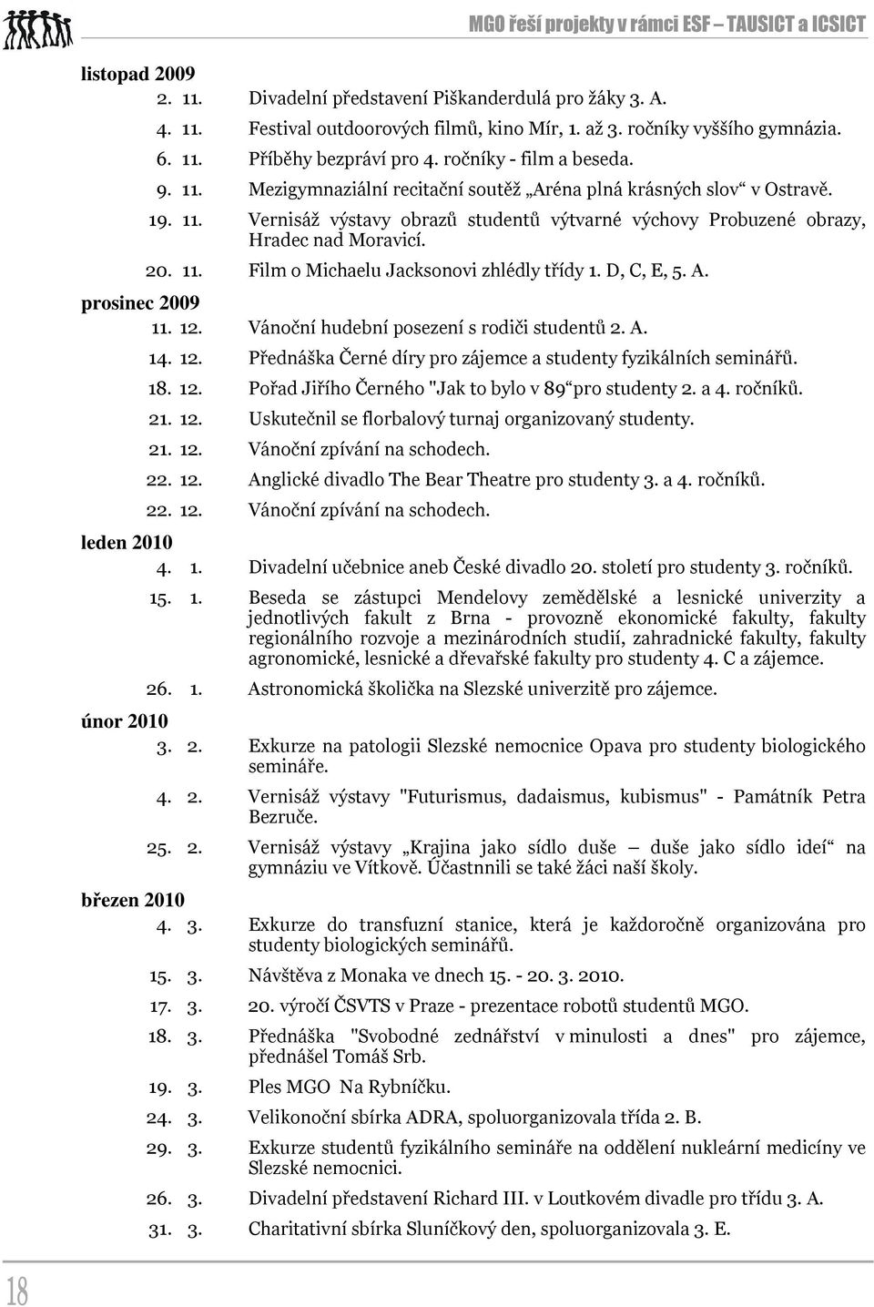 20. 11. Film o Michaelu Jacksonovi zhlédly třídy 1. D, C, E, 5. A. prosinec 2009 11. 12. Vánoční hudební posezení s rodiči studentů 2. A. 14. 12. Přednáška Černé díry pro zájemce a studenty fyzikálních seminářů.