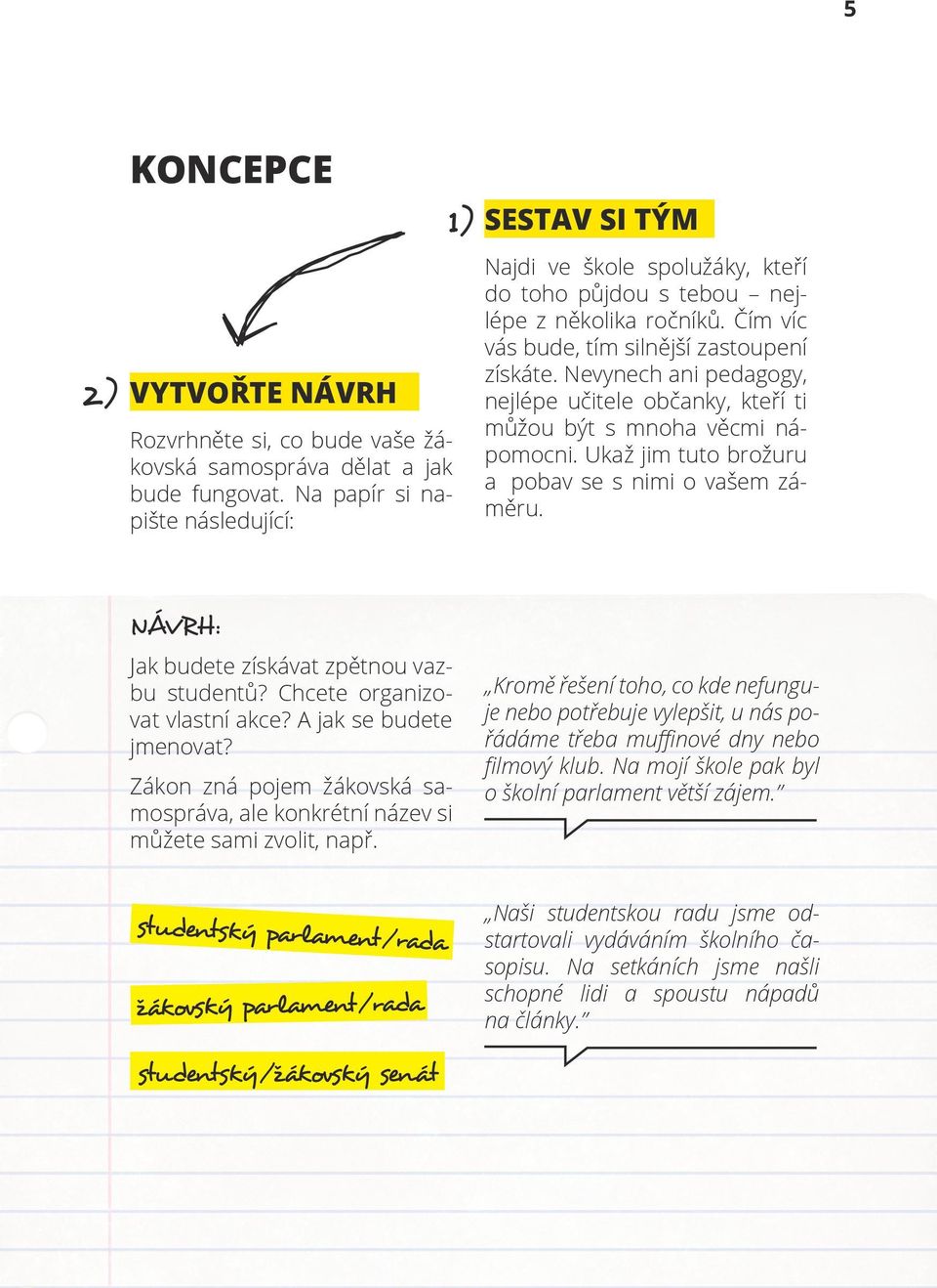 Nevynech ani pedagogy, nejlépe učitele občanky, kteří ti můžou být s mnoha věcmi nápomocni. Ukaž jim tuto brožuru a pobav se s nimi o vašem záměru. NÁVRH: Jak budete získávat zpětnou vazbu studentů?