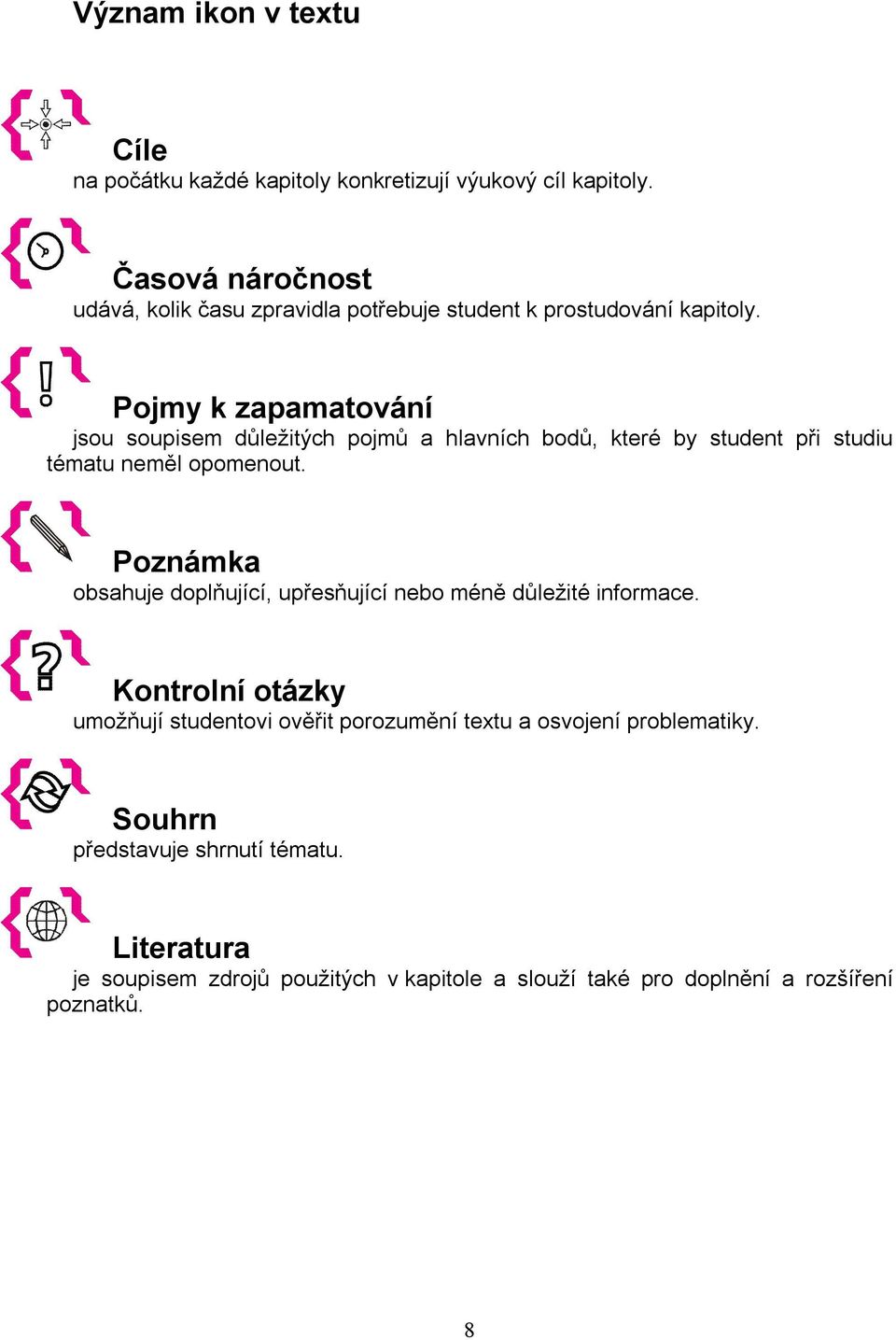 Pojmy k zapamatování jsou soupisem důležitých pojmů a hlavních bodů, které by student při studiu tématu neměl opomenout.