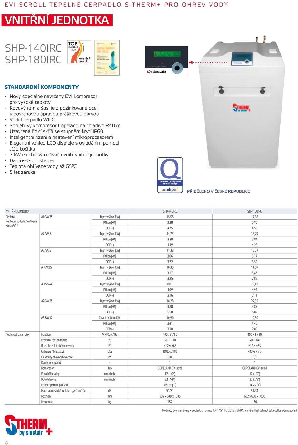 Inteligentní řízení a nastavení mikroprocesorem Elegantní vzhled LCD displeje s ovládánim pomocí JOG točítka 3 kw elektrický ohřívač uvnitř vnitřní jednotky Danfoss soft starter Teplota ohřívané vody