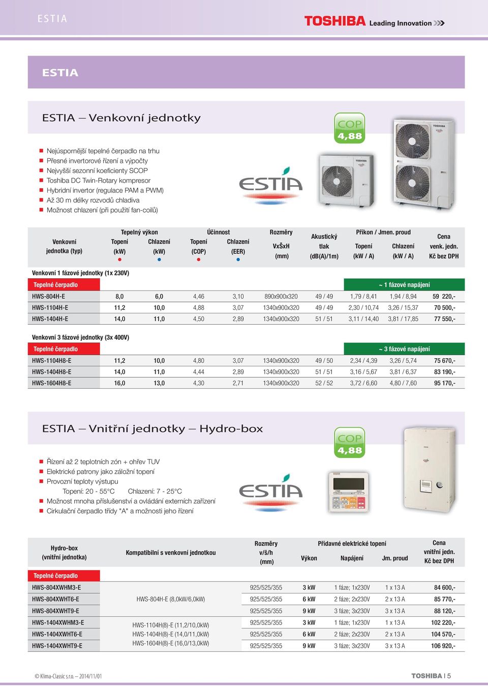 Účinnost Rozměry Topení Chlazení Topení Chlazení VxŠxH (kw) (kw) (COP) (EER) (mm) Akustický tlak (db(a)/1m) Příkon / Jmen. proud Topení (kw / A) Chlazení (kw / A) ~ 1 fázové napájení Cena venk. jedn.
