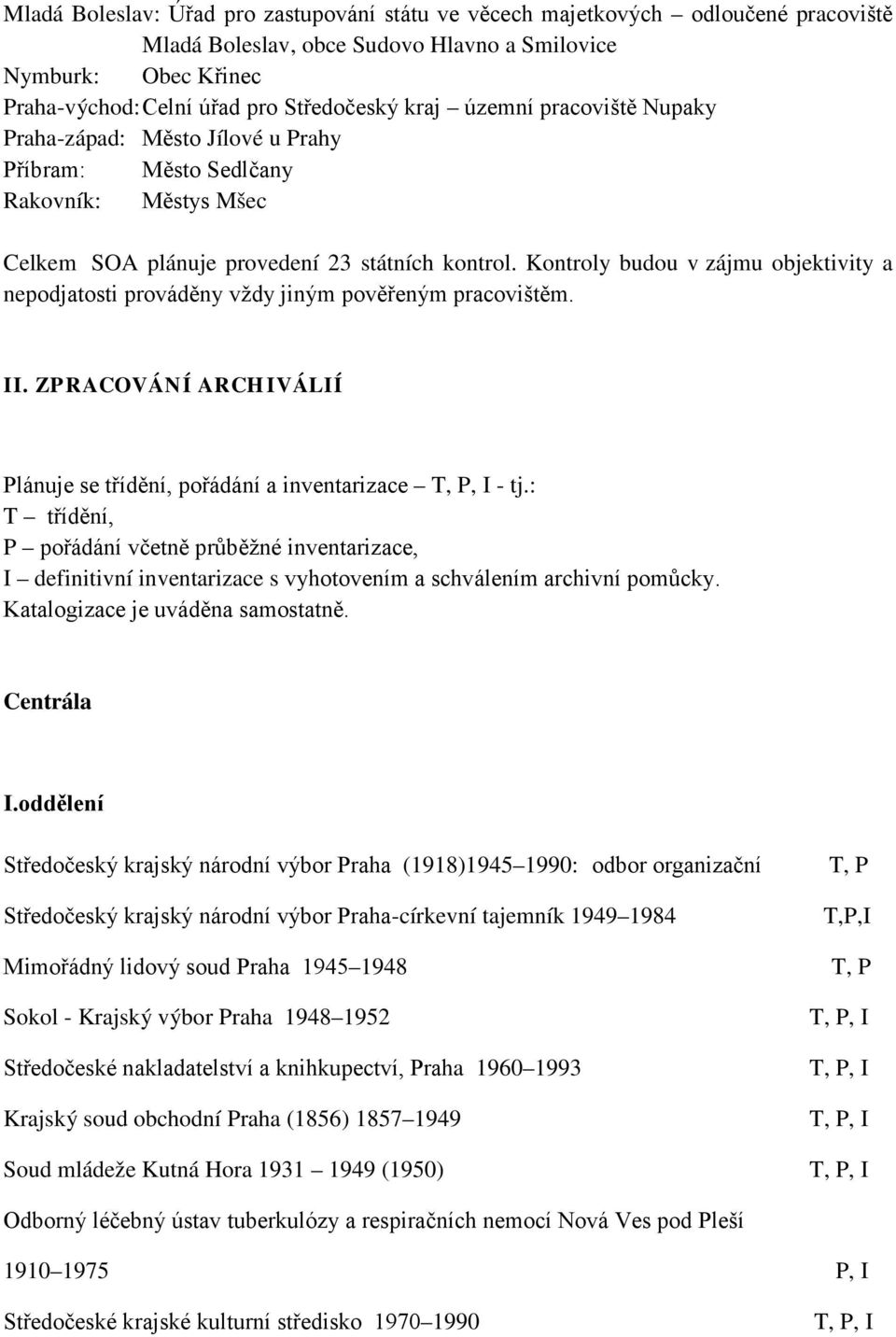 Kontroly budou v zájmu objektivity a nepodjatosti prováděny vždy jiným pověřeným pracovištěm.. ZPRACOVÁNÍ ARCHVÁLÍ Plánuje se třídění, pořádání a inventarizace T, P, - tj.