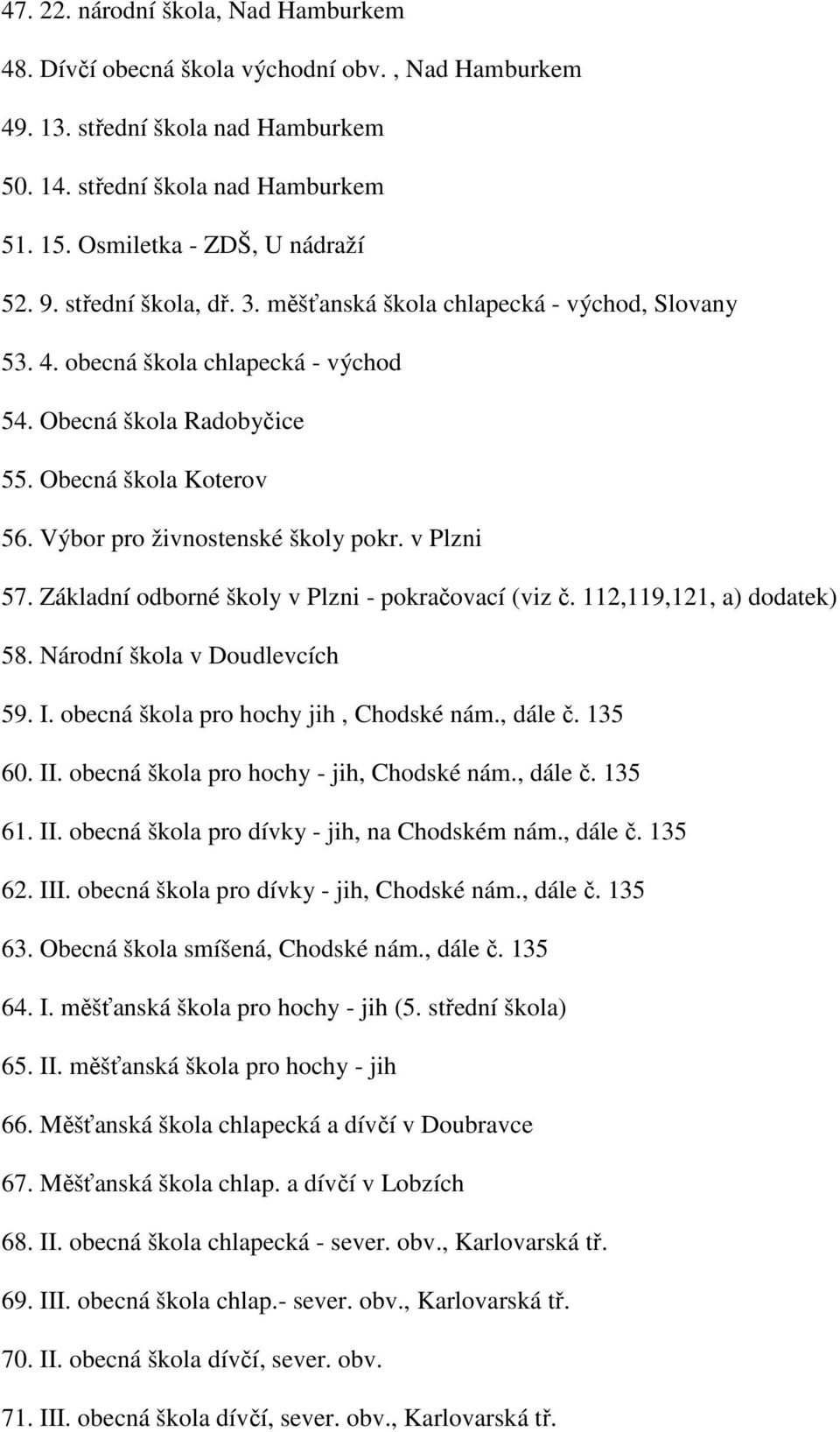 v Plzni 57. Základní odborné školy v Plzni - pokračovací (viz č. 112,119,121, a) dodatek) 58. Národní škola v Doudlevcích 59. I. obecná škola pro hochy jih, Chodské nám., dále č. 135 60. II.