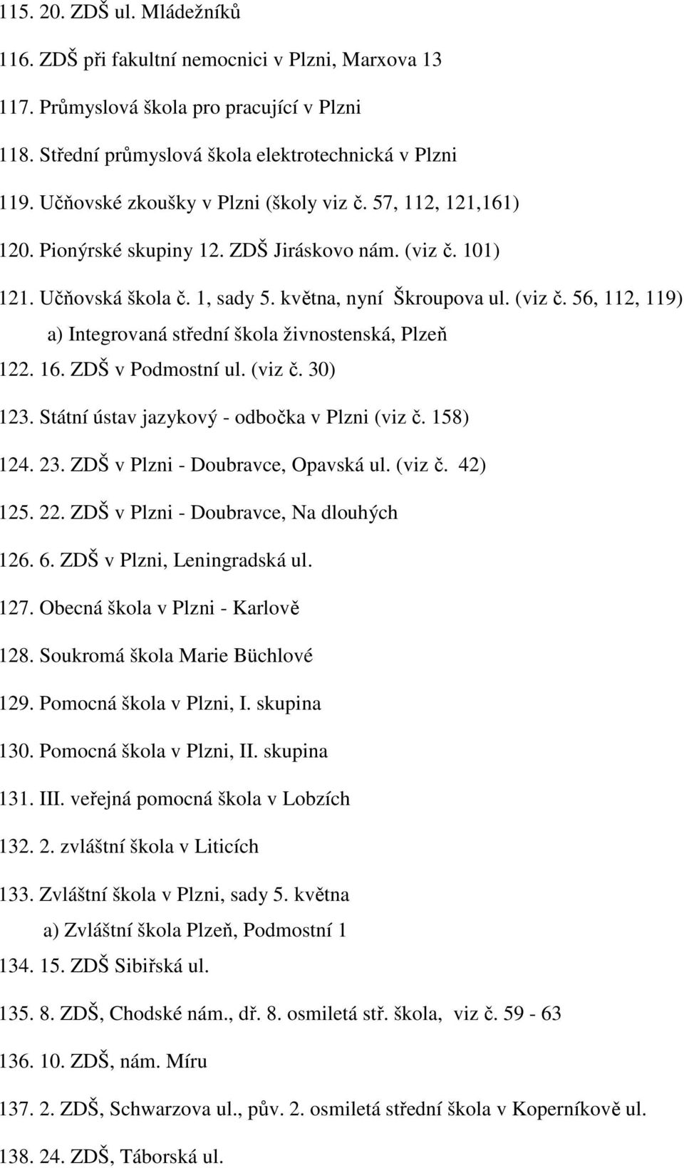 16. ZDŠ v Podmostní ul. (viz č. 30) 123. Státní ústav jazykový - odbočka v Plzni (viz č. 158) 124. 23. ZDŠ v Plzni - Doubravce, Opavská ul. (viz č. 42) 125. 22.