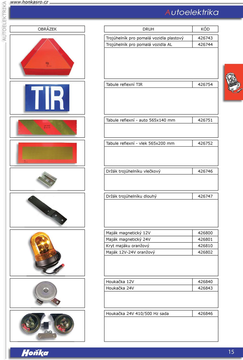 trojúhelníku vlečkový 426746 Držák trojúhelníku dlouhý 426747 Maják magnetický 12V 426800 Maják magnetický 24V 426801 Kryt