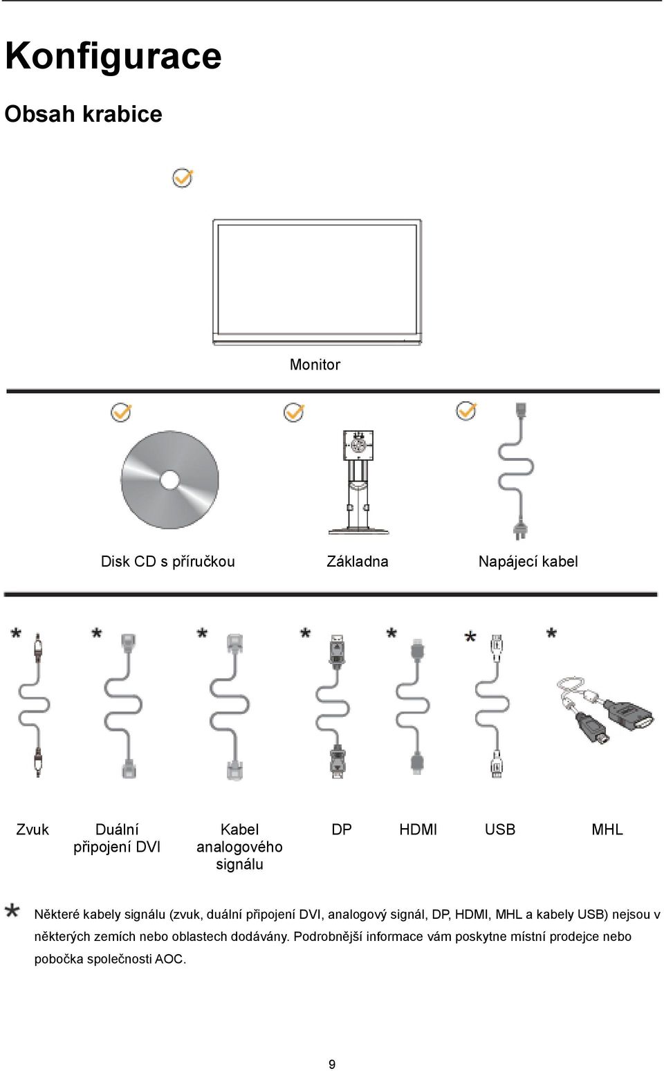 připojení DVI, analogový signál, DP, HDMI, MHL a kabely USB) nejsou v některých zemích nebo