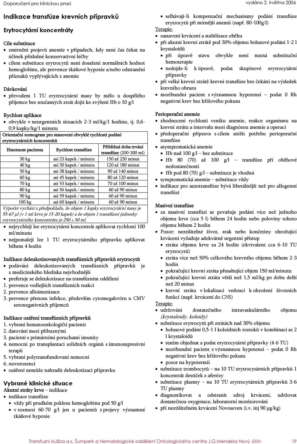 příjemce bez současných ztrát dojít ke zvýšení Hb o 10 g/l Rychlost aplikace obvykle v neurgentních situacích 2-3 ml/kg/1 hodinu, tj.