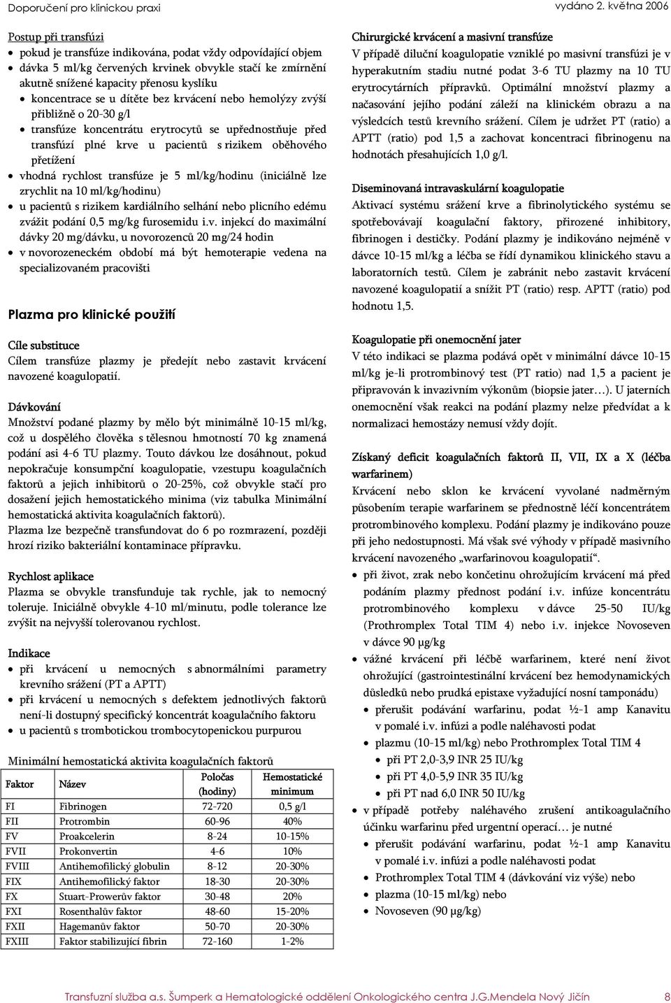 transfúze je 5 ml/kg/hodinu (iniciálně lze zrychlit na 10 ml/kg/hodinu) u pacientů s rizikem kardiálního selhání nebo plicního edému zvá