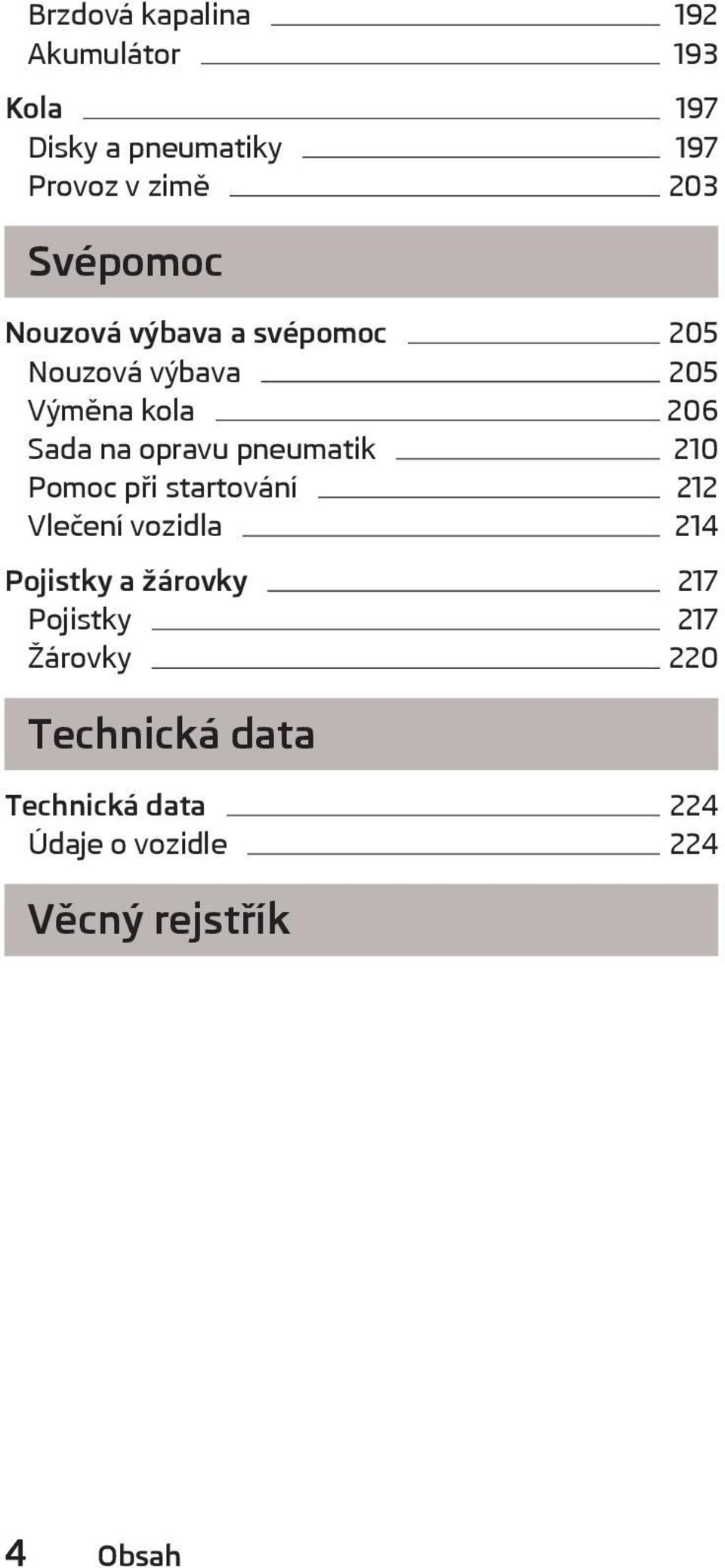 pneumatik 210 Pomoc při startování 212 Vlečení vozidla 214 Pojistky a žárovky 217