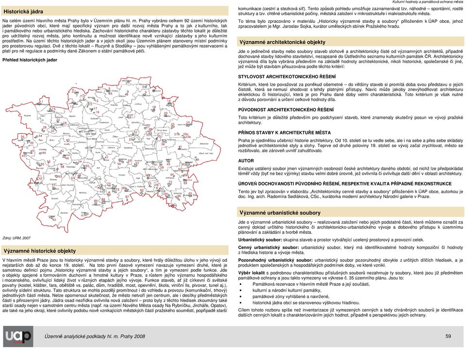 Prahy vybráno celkem 92 území historických jader původních obcí, které mají specifický význam pro další rozvoj města Prahy a to jak z kulturního, tak i památkového nebo urbanistického hlediska.