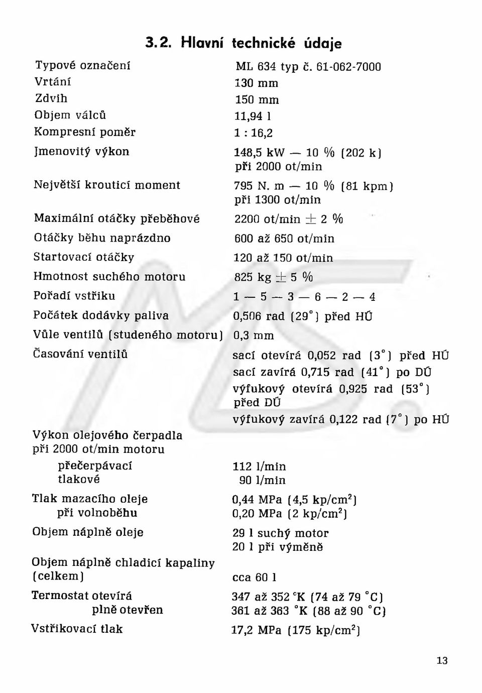 olejového čerpadla při 2000 ot/min motoru přečerpávací tlakové Tlak mazacího oleje při volnoběhu Objem náplně oleje Objem náplně chladicí kapaliny (celkem) Termostat otevírá plně otevřen Vstřikovací