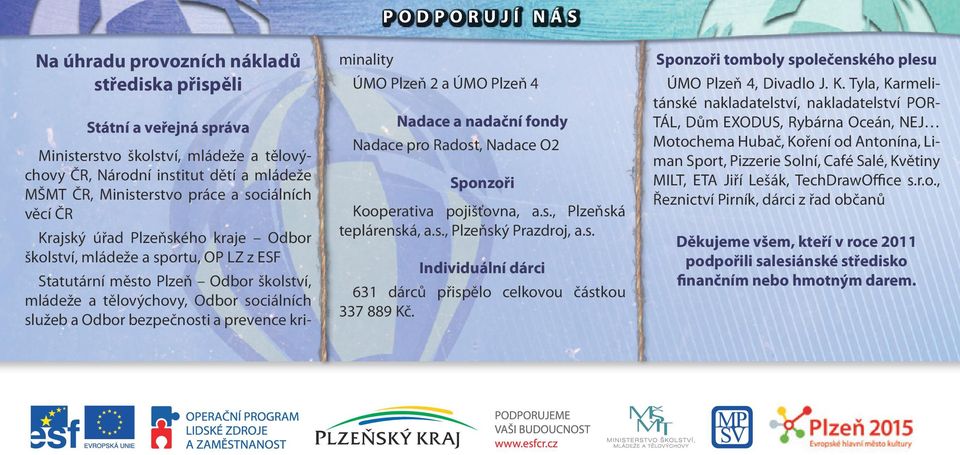 bezpečnosti a prevence kriminality ÚMO Plzeň 2 a ÚMO Plzeň 4 Nadace a nadační fondy Nadace pro Radost, Nadace O2 Sponzoři Kooperativa pojišťovna, a.s., Plzeňská teplárenská, a.s., Plzeňský Prazdroj, a.