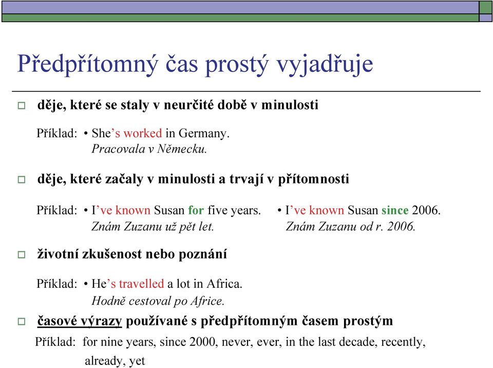 Znám Zuzanu už pět let. Znám Zuzanu od r. 2006. životní zkušenost nebo poznání Příklad: He s travelled a lot in Africa.