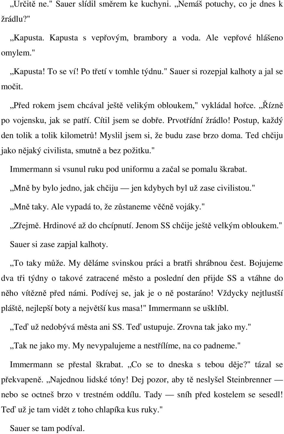 Postup, každý den tolik a tolik kilometrů! Myslil jsem si, že budu zase brzo doma. Ted chčiju jako nějaký civilista, smutně a bez požitku.