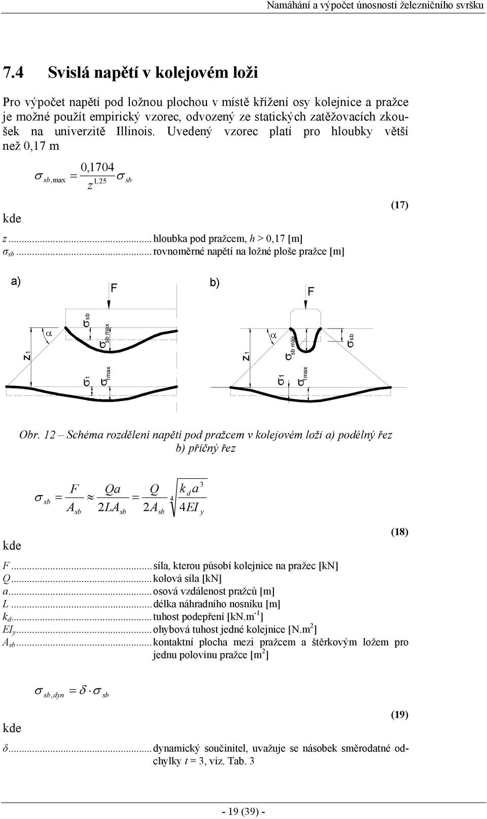 univerzitě Illinois. Uvedený vzorec platí pro hloubky větší než 0,17 m kde 0,1704 = σ z σ sb,max 1, 25 sb z...hloubka pod pražcem, h > 0,17 [m] σ sb.