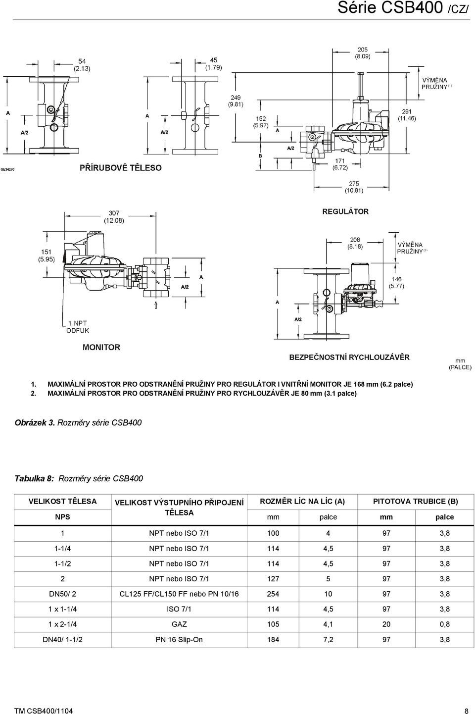 Rozměry série CSB400 Tabulka 8: Rozměry série CSB400 VELIKOST TĚLESA VELIKOST VÝSTUPNÍHO PŘIPOJENÍ ROZMĚR LÍC NA LÍC (A) PITOTOVA TRUBICE (B) TĚLESA NPS mm palce mm