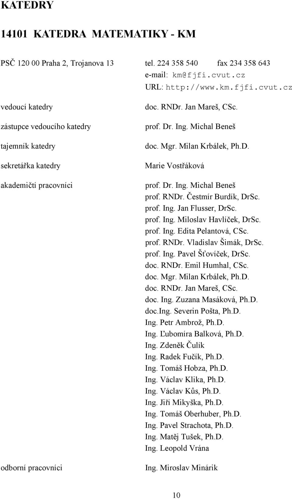 Michal Beneš doc. Mgr. Milan Krbálek, Ph.D. Marie Vostřáková prof. Dr. Ing. Michal Beneš prof. RNDr. Čestmír Burdík, DrSc. prof. Ing. Jan Flusser, DrSc. prof. Ing. Miloslav Havlíček, DrSc. prof. Ing. Edita Pelantová, CSc.