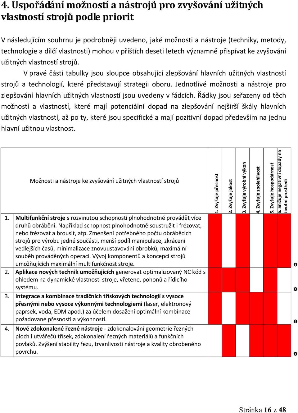 V pravé části tabulky jsou sloupce obsahující zlepšování hlavních užitných vlastností strojů a technologií, které představují strategii oboru.