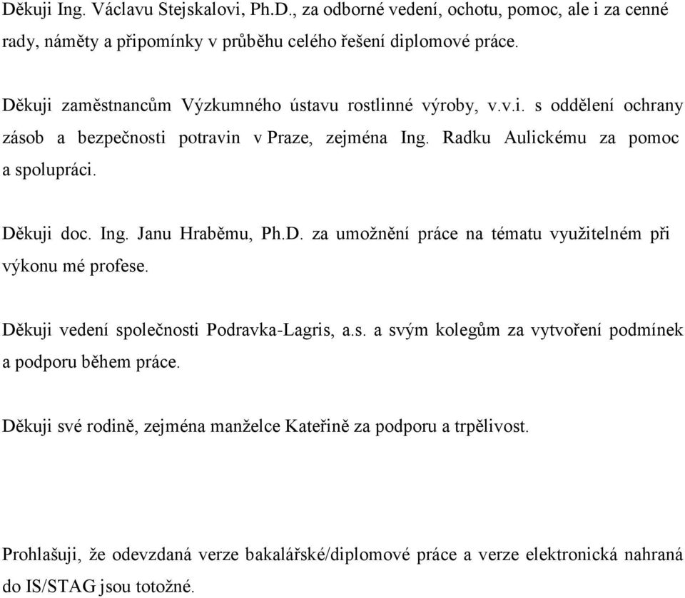 Děkuji doc. Ing. Janu Hraběmu, Ph.D. za umožnění práce na tématu využitelném při výkonu mé profese. Děkuji vedení společnosti Podravka-Lagris, a.s. a svým kolegům za vytvoření podmínek a podporu během práce.