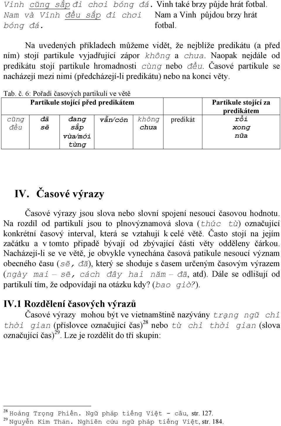 6: Pořadí časových partikulí ve větě Partikule stojící před predikátem cũng đều đã sẽ đang sắp vừa/mới từng vẫn/còn không chưa predikát Partikule stojící za predikátem rồi xong nữa IV.