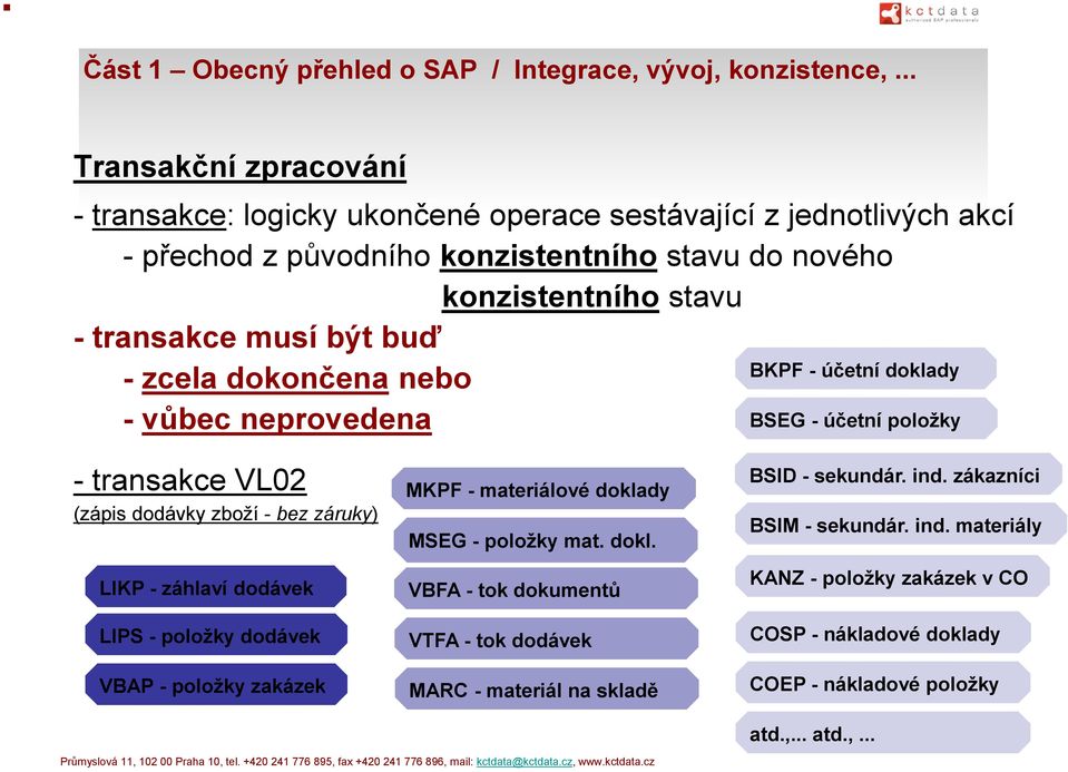 být buď BKPF - účetní doklady - zcela dokončena nebo - vůbec neprovedena BSEG - účetní položky - transakce VL02 (zápis dodávky zboží - bez záruky) LIKP - záhlaví dodávek LIPS - položky