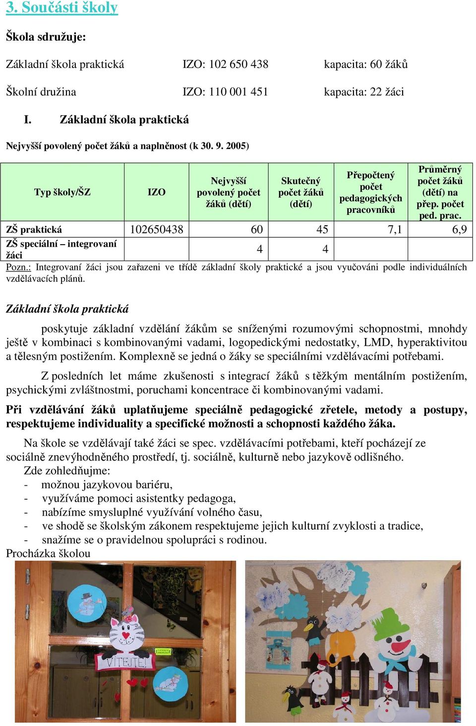 2005) Typ školy/šz IZO Nejvyšší povolený počet žáků (dětí) Skutečný počet žáků (dětí) Přepočtený počet pedagogických pracovníků Průměrný počet žáků (dětí) na přep. počet ped. prac. ZŠ praktická 102650438 60 45 7,1 6,9 ZŠ speciální integrovaní 4 4 žáci Pozn.