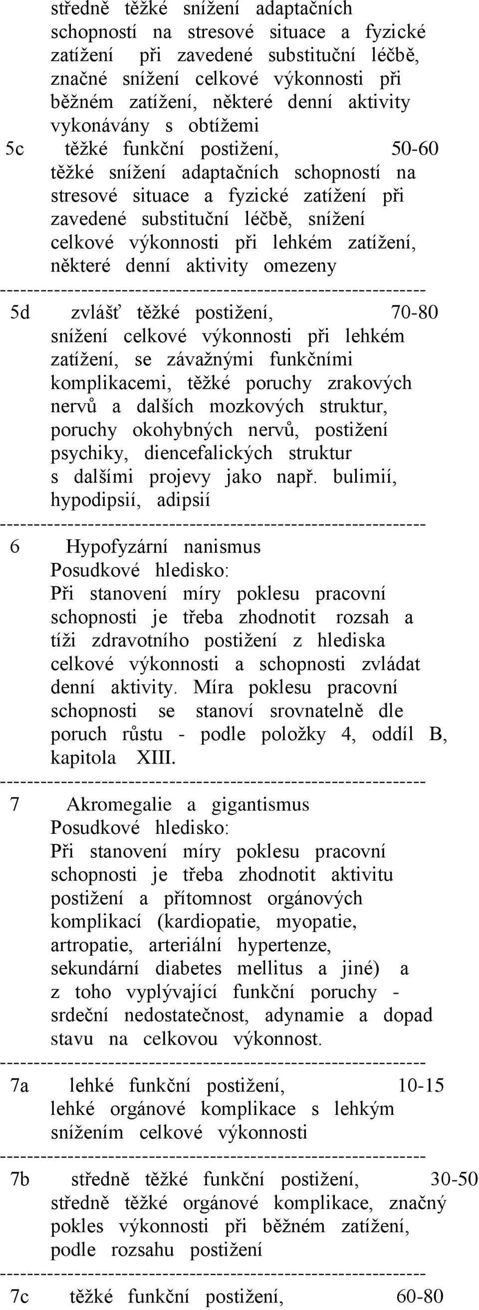 lehkém zatížení, některé denní aktivity omezeny 5d zvlášť těžké postižení, 70-80 snížení celkové výkonnosti při lehkém zatížení, se závažnými funkčními komplikacemi, těžké poruchy zrakových nervů a